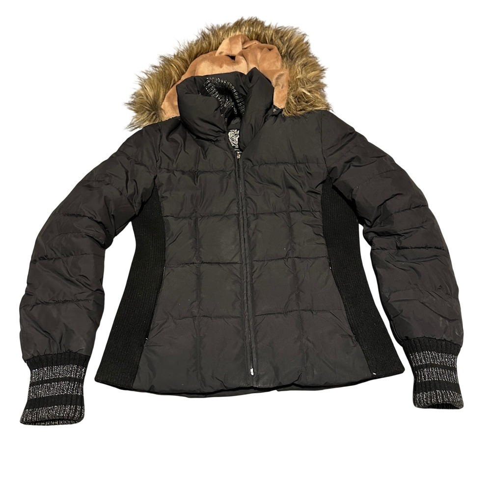 Vintage Esprit Black Puffer Jacket Faux Fur Hood‎ Quilted Women's Size Medium